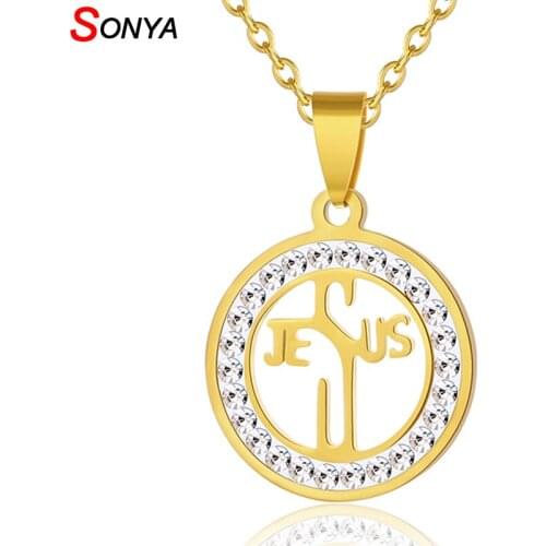 SONYA New Cross Necklaces & Pendants For Women/Men Stainless Steel Gold Color Round Male Pendant Necklaces Prayer Jewelry