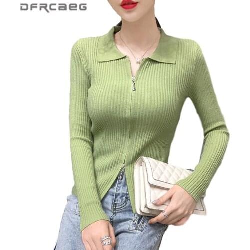 Slim Elastic Knitted Women Tops Clothing 2020 Autumn Casual Long Sleeve Knitwear Zipper Bottming Pullovers Sweaters Female