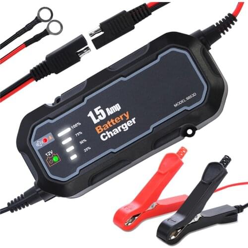 Smart Motorcycle Battery Charger Maintainer 12V 1500mA Automatic Automatic Battery Trickle Charger with LED for Car/RV/ATV/Boat