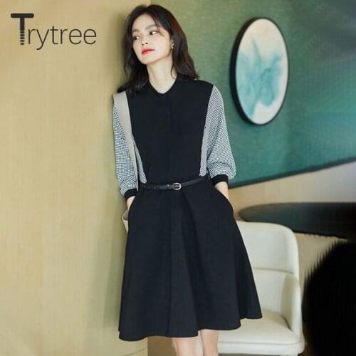 Trytree 2020 Spring Autumn Casual Womens Dress O-Neck Black A-line Hem Belt Patchwork Plaid Full Sleeve Office Lady Shirt Dress