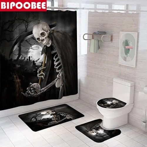 Halloween Shower Curtain Scary Skull Bathroom Curtains Funny Skeleton Death Scythe Non-Slip Rugs Toilet Lid Cover and Bath Mat