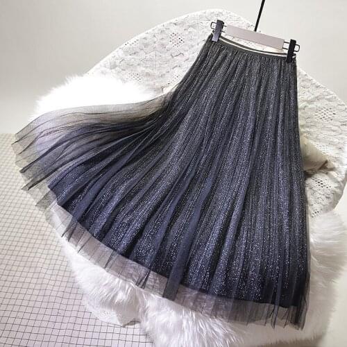 Women Pleated Skirt Female Spring Summer Fashion Long Mesh Tulle Skirt Slim High Waist Streetwear Shiny Striped Princess Cute