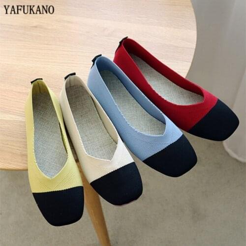 2020 Autumn New Flat Ballet Shoes Breathable Knit Square Toe Moccasin Mixed Colors Womens Soft Sole Casual Shoe Zapatos De Mujer
