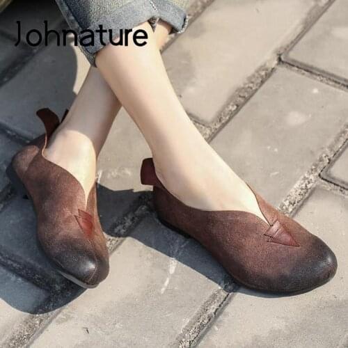 Johnature Flats Women Shoes Genuine Leather Four Seasons Shallow Retro Handmade Concise Round Toe Leisure Sewing Ladies Shoes