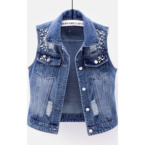 Womens Denim Vest Short Spring, Summer And Autumn New Fashion Beaded Sleeveless Waistcoat Brushed Broken Hole All-Match Slim To