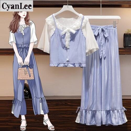 Cyanlee Plus Size 3 Piece Set Summer Women Casual Fashion Pant Suit Large Elegant Lace Shirt And Top And Pant