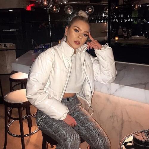 FNOCE 2020 winter new womens down jacket street young fashion solid long sleeve stand collar zipper slim warm short cotton coat