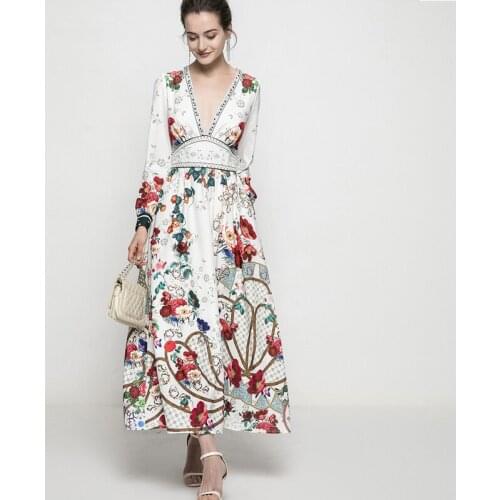 2021 womens new style dress retro V-neck long-sleeved printing waist elegant long dress female