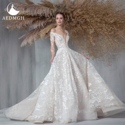 Aedmgh A-Line Beach Wedding Dresses 2021 Off The Shoulder Long Sleeve Vestido De Novia Lace Appliques Beaded Robe De Marige