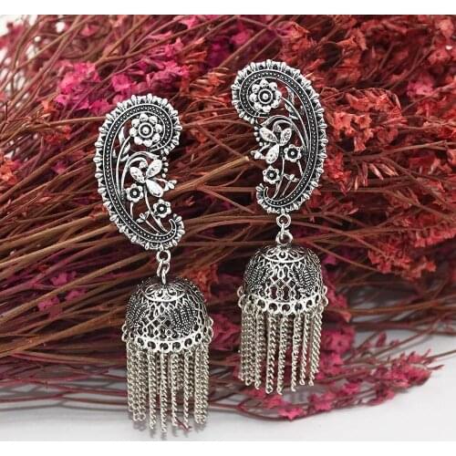 Indian Afghan Earrings for Women Oxidized Jhumka color Big Long Tassel Drop Earrings Carved Flower Gypsy Tribal Ethnic Jewelry