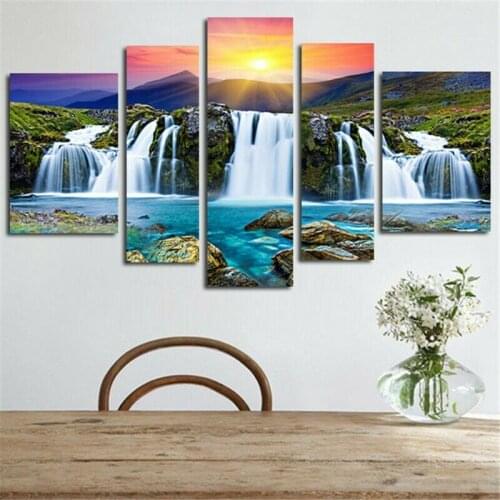 Mountain waterfall in Sunshine 5 Panel Canvas Picture Print Wall Art Canvas Painting Wall Decor for Living Room Poster No Framed