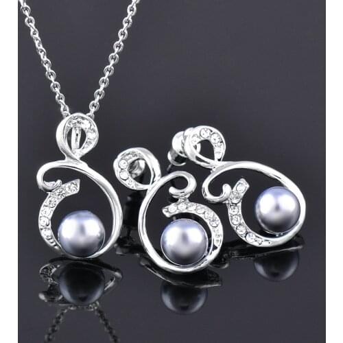 KIOOZOL Vintage Grey Silver Color Imitation Pearl Pendant Necklace and Stud Earrings for Women Wedding Party Jewelry Set 132 KO5