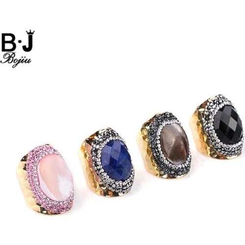 BOJIU Trendy Gold Rings For Women Faceted Blue Lapis Black Crystal Oval Rose Pink Brown Shell Rings Femme Party Jewelry RI031