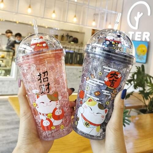 Creative Lucky Cat Water Bottle with Straw Japanese Pink Cute Ice Cup for Kids Girls Double wall Drinking Cup for Gifts
