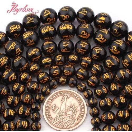 Round Mantra Tibetan Agates Black Loose Natural Stone Beads For Women DIY Accessories Necklace Bracelets Jewelry Making 15"