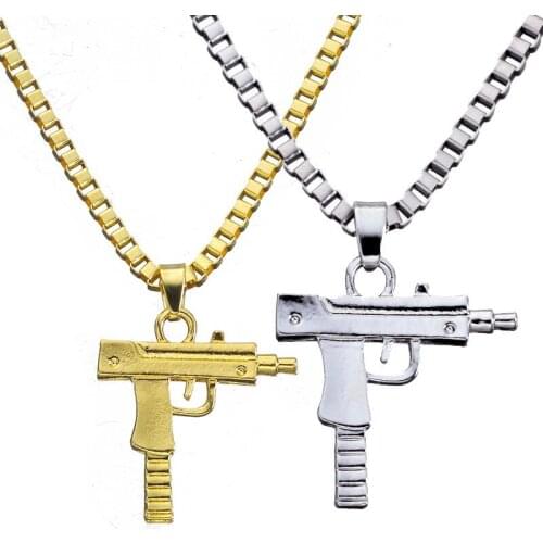 Cool Gothic Hip Hop Kolye GUN Shape Pendant Necklace Gold Silver Plated Army Style Link Chain Men Necklaces Jewelry