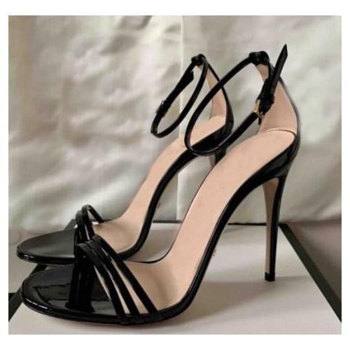 Moraima Snc Black Patent leather High Heel Shos Summer Sexy Peep Toe Ankle Strap Gladiator Sandals Party Dress Shoes