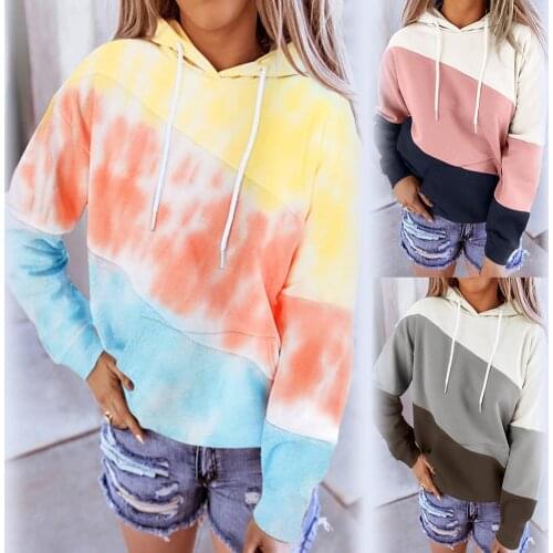 New Sweatshirts Womens Fashion Autumn Long Sleeve Color Block Tie Dye Hoodie Sweatshirt Blouse Hoodies Lady Autumn Fashion Top