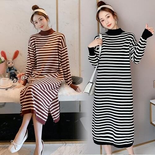 Autumn Winter New Korea Style Temperament Stripe Slimming Pregnant Women Breastfeeding Core-spun Silk Mid-length Nursing Clothes