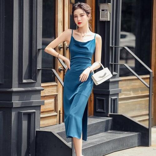Blue Satin Spaghetti Strap Dresses For Women Summer 2021 French Vintage Elgant Split Party Dress Midi Robe Femme