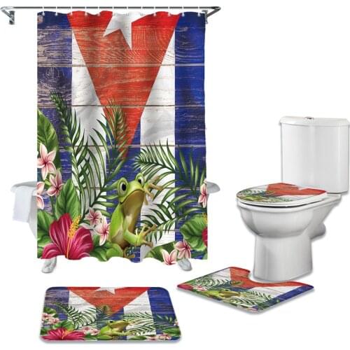Puerto Rico Flag Frog Flower Vintage Wood Shower Curtain Sets Non-Slip Rugs Toilet Lid Cover and Bath Mat Bathroom Curtains Set