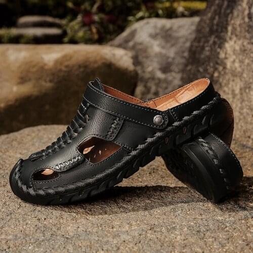 Mens Outdoor Sports Shoes Non-slip Comfortable Slippers Big Size Summer Beach Shoes Breathable Genuine Leather Casual Sandals