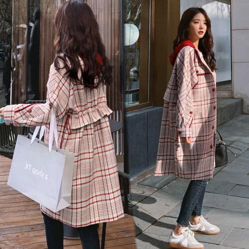 Female Windbreaker Hooded Plaid Coat 2021 New Spring Autumn Korean Long Lady Outwear Casual Loose Stitching Women Trench Coats