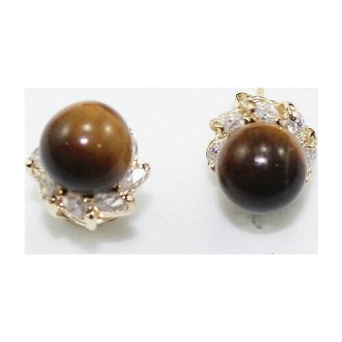 Ladys new jewelry 10mm tiger eye stone 18kgp crystal inlay stud earrings