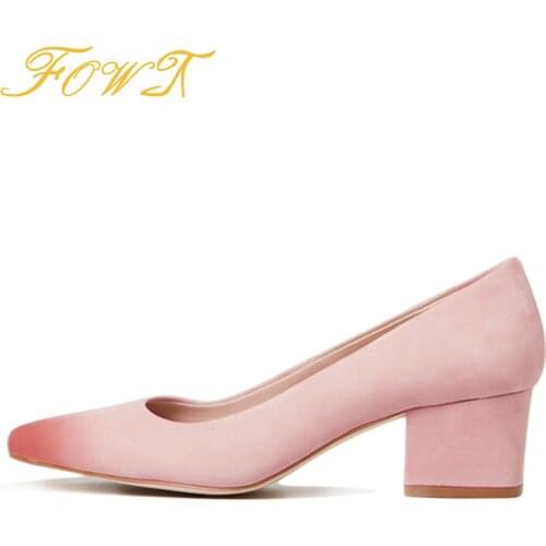 Luxury Middle Block Heel Women Pumps 2021 Autumn Square Toe Femme Heels Comfort Handmade Suede Dress Office Shoes SIze 43 45 46