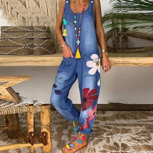 Women Printed Sleepless Jumpsuit Streetwear 2021 Fashion Washed Blue Cotton Suspenders Casual Jeans Mom Loose Workwear Flare 5XL