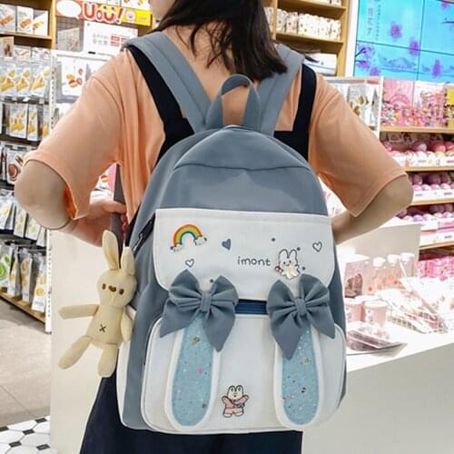 EST 2021 Kawaii Rabbit Ears Women Backpack Bow Cute School Bag For Girls Patchwork Large Capacity Book Bag Female Travel Mochila