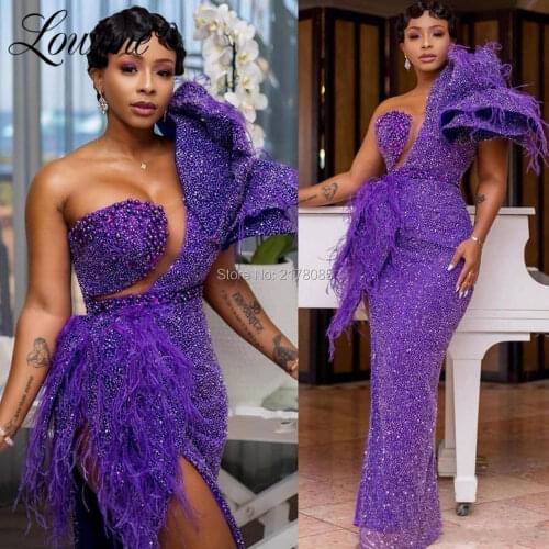 African Prom Dresses Purple High Split Side Hot Sexy Party Dress 2020 New Custom Made Feathers Beaded Evening Gowns Vestidos