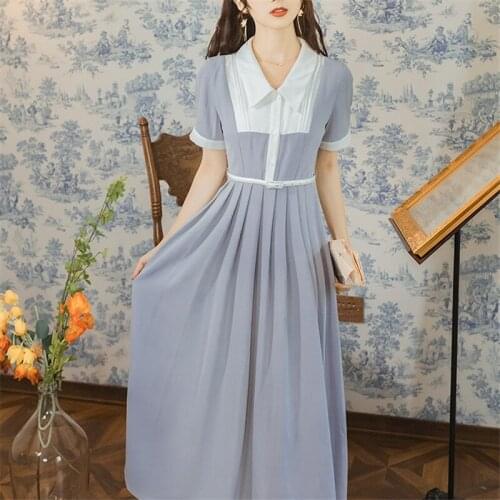 2021 New Women French Retro Short Sleeve Pleated Dress Female Color Matching Lapel Fog Blue Summer Elegant Dress with Belt Y1457