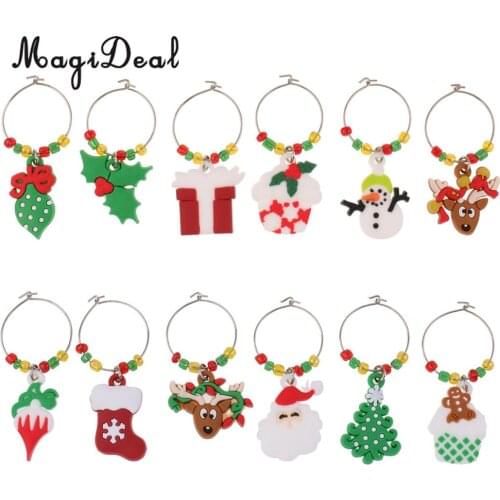 12pcs/Set Christmas Santa Claus Snowman Reindeer Wine Glass Charms Marker Rings Home Xmas Party Table Decorations