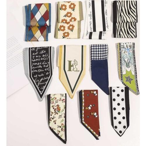 2021 Satin DIY Print Small Scarf Women Riband Handle Bags Scarf Narrow Long Wrist Small Ribbon Fashion Hair Band Scarves & Wraps