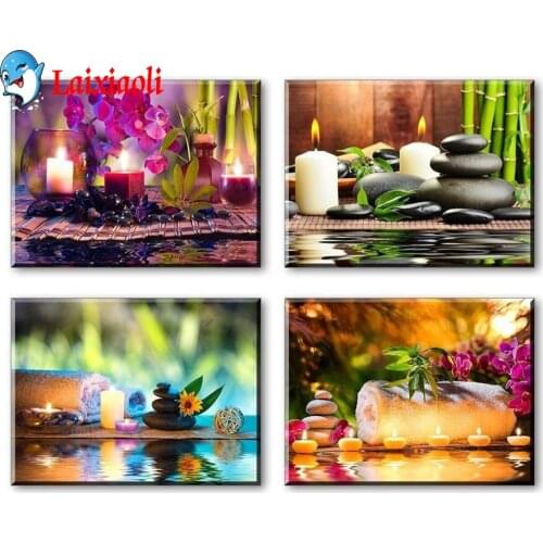 4 Panels Diamond Painting Full drill Zen Art Decor SPA Stone Green Bamboo Purple orchid Pictures Embroidery Cross Stitch Mosaic