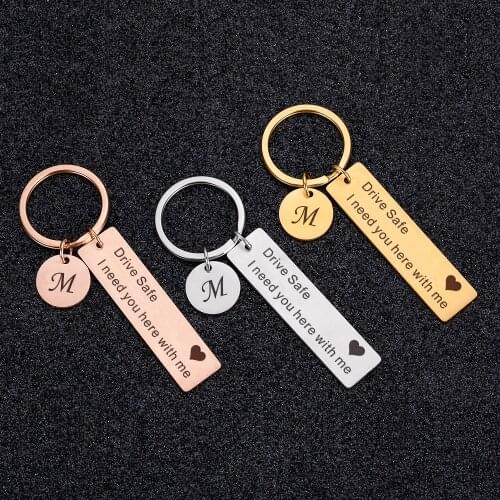 Drive Safe Custom Keychain Engrave Keyring A-Z 26 Initials Letter Drive Safe I Need You Here with Me for Couples Men Women Gift