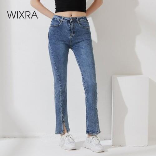 Wixra Women Streetwear Stretchy Long Denim Pants Ladies Split Hem High Waist Vintage Blue Pockets Slim Casual Jeans