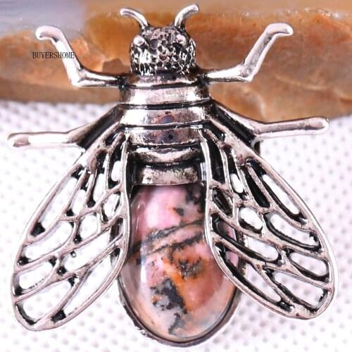 Cicada Brooch Natural Stone Pink Rhodonite Bead Pendant for Men Women DIY Jewelry Making 1Pcs K628