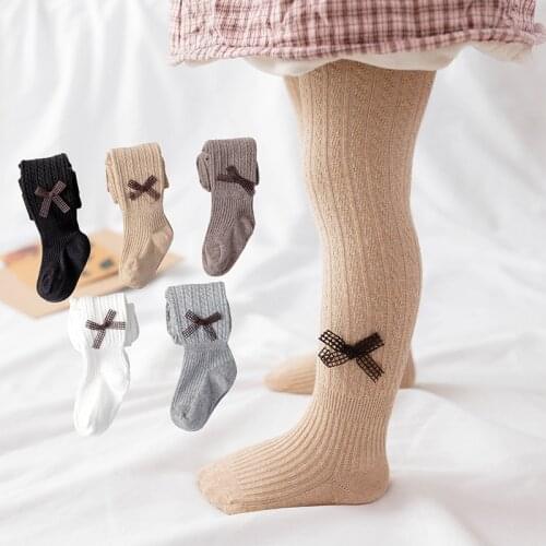 Children Baby Girls Bow Knot Solid Knitted Tights Autumn Winter Warm Stretch Kids Infant Toddler Cotton Soft Pantyhose 1-6Y