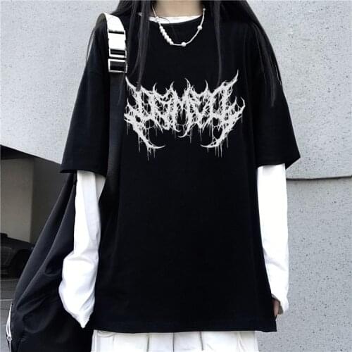 Fake two Gothic mens T-shirt Harajuku Y2K Top Couples Retro Korean Harry Style Black Demon Punk Gothic Anime Print Dark Clothes