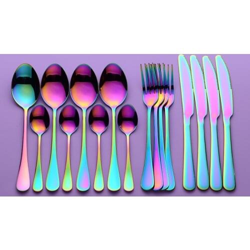 Lingeafey Rainbow Tableware Stainless Steel Cutlery Set Kitchen Cutlery Holder Fork Spoon Set Forks Knives Spoons Dinner Set