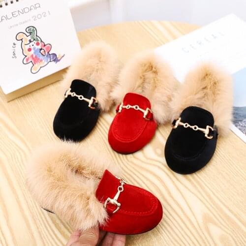 HOT 2020 Real Hair Loafers With Buckle Moccasin Winter Kids Fur Velvet Shoes Baby Girls Princess Flats Children Warm Brand Shoes