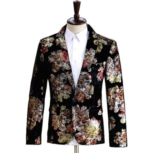 Mens Floral Blazers Black Velvet Printed Suit Coat Singer Host Stage Performance Tuxedo Costume Wedding Prom Studio Clothes