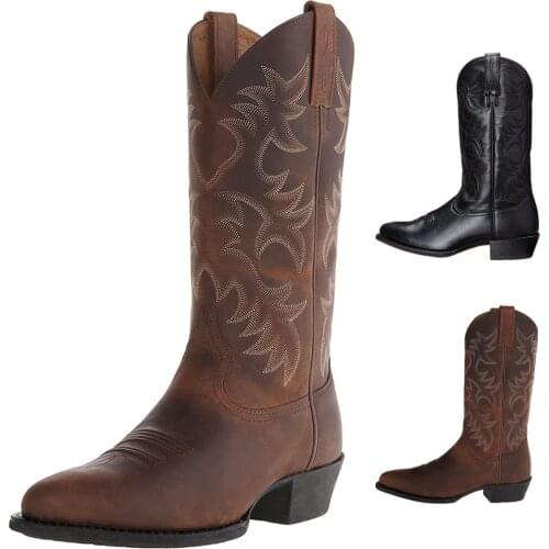 Mid Calf Western Cowboy Motorcycle Boots Men Embroidery Black Autumn Winter Outdoor Leather Totem Med Heel Boots Male PW070