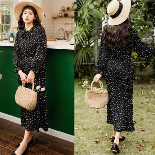 Dress Women Hot Sale Plus Size Chiffon Dots Elegant Street Elastic Waist Ladies Bow Collar Casual A-line Pleated Long Dress