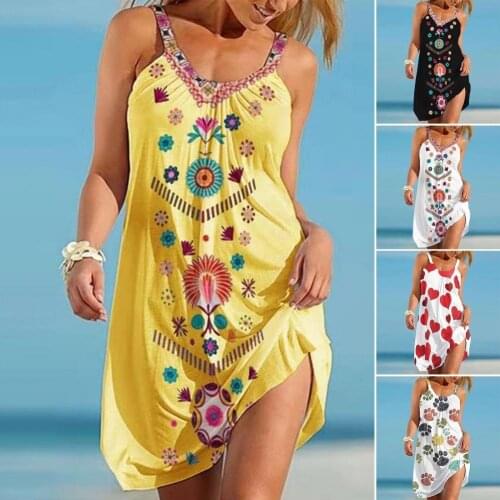 2XL Bohemian Women Sling Dress Sleeveless Printed Above Knee Loose Dress for Summer Casual Loose White Plus Size Women Clothing