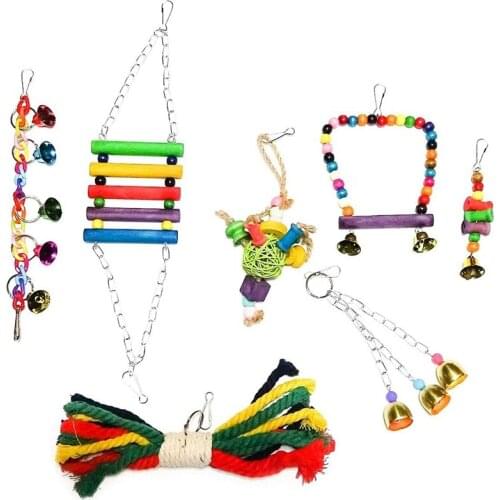 Practical Bird Toys Parrot Toys Parakeet Toys Wood Hammock Swing Hanging Bells Rope Ladder Perches for Small Birds Parrot Budgie