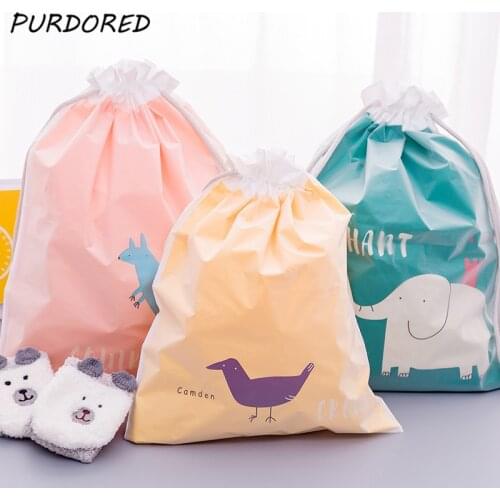 PURDORED 1 pc Double Layers Waterproof Drawstring Bag Cartoon Clothes Socks Shoes Travel Bag Storage Package Bags Dropshipping
