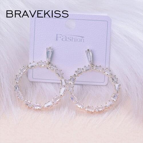 Bravekiss Luxury Clear CZ Zircon Round Drop Earrings Dangle for Women Circle Statement Earrings Korea Fashion Jewelly BUE0640